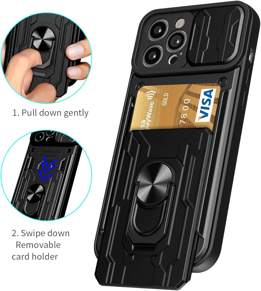 iPhone 14 Proケース スライドカメラカバー、カードホルダー リング 磁気キックスタンド ミリタリー ヘビーデューティー 耐衝撃ケース  ハイブリッド保護カバー iPhone 14 Pro用(グリーン)